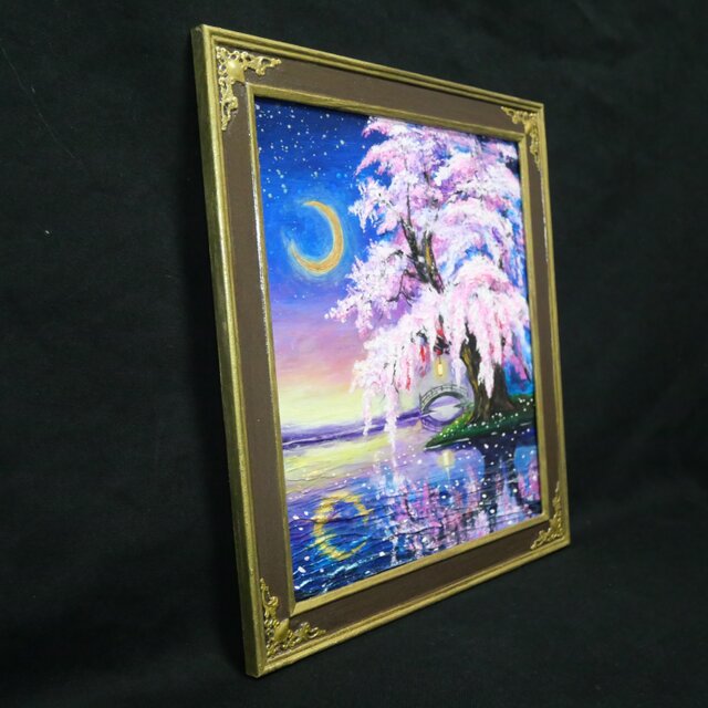 一点物｜油絵「月光に眠る夜桜」月明かりに照らされた桜の原画
