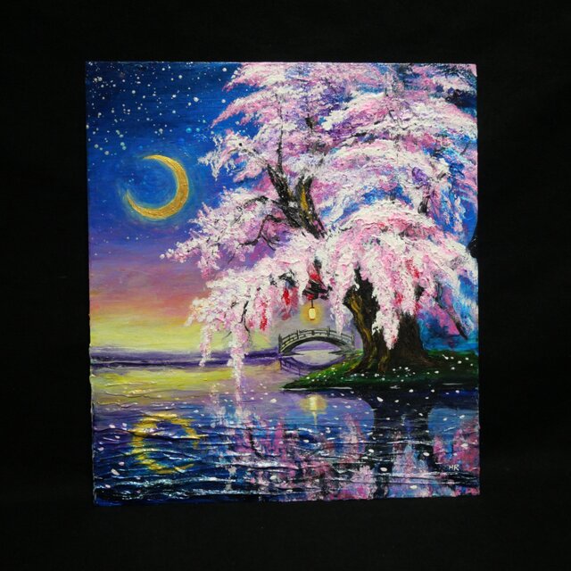 一点物｜油絵「月光に眠る夜桜」月明かりに照らされた桜の原画