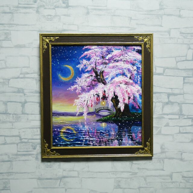 一点物｜油絵「月光に眠る夜桜」月明かりに照らされた桜の原画