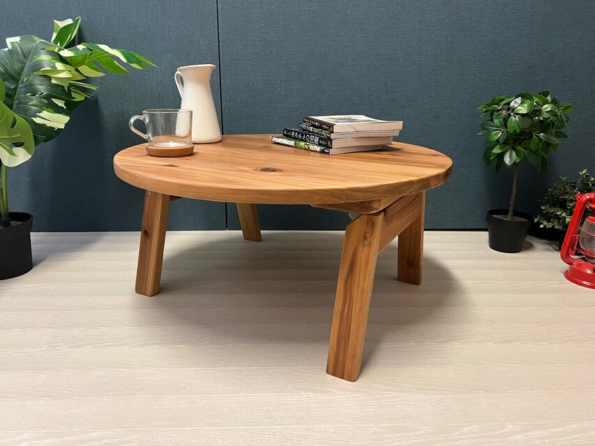 送料無料】 ローテーブル 丸形 60cm 杉 ブラウン 折り畳み 木組脚