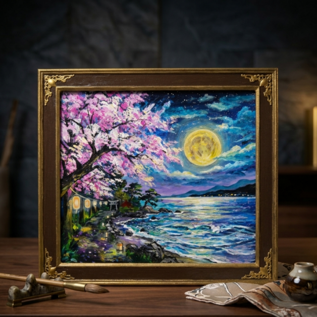 絵画　油絵 原画】月下美桜｜油彩画 桜 幻想的な夜の風景画 ギフト インテリア