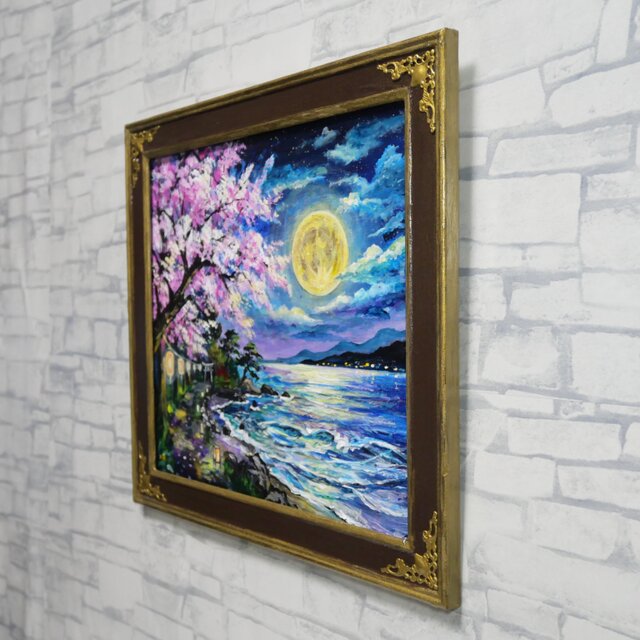原画】月下美桜｜油彩画 桜 幻想的な夜の風景画 ギフト インテリア