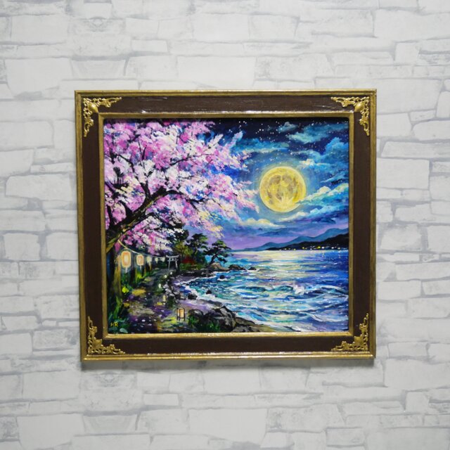 原画】月下美桜｜油彩画 桜 幻想的な夜の風景画 ギフト インテリア