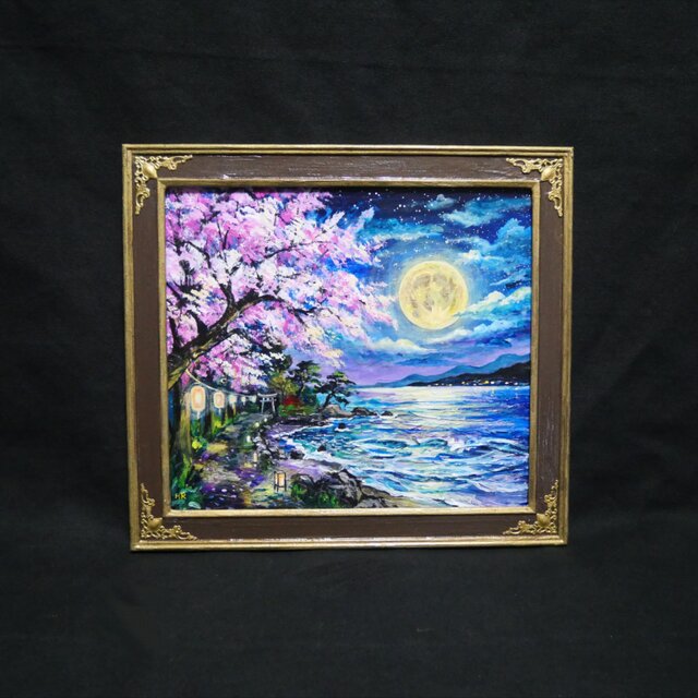 原画】月下美桜｜油彩画 桜 幻想的な夜の風景画 ギフト インテリア
