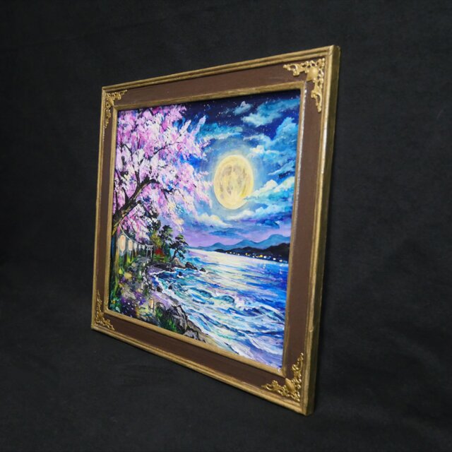 原画】月下美桜｜油彩画 桜 幻想的な夜の風景画 ギフト インテリア