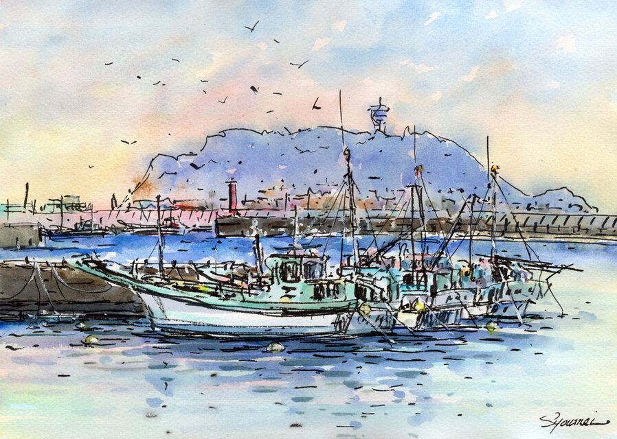 【旅】シーグラスアート　イラスト　水彩画　原画 水彩画原画 腰越漁港 B ＃724 | iichi 日々の暮らしを心地よくする