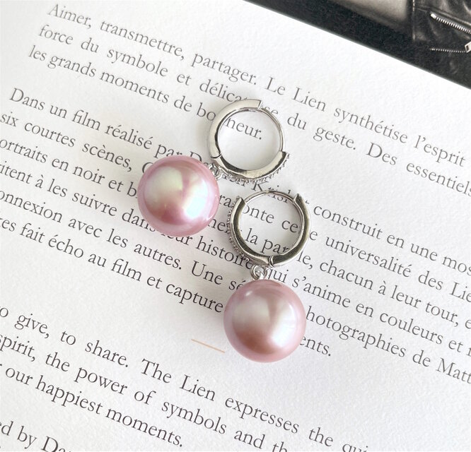 桜ピンク大粒 淡水パールのフープピアス 13mm エジソンパール