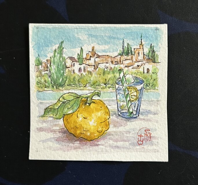 柚子と宮殿（ミニ絵画、水彩画、原画スペイン、グラナダ、フレーム付き