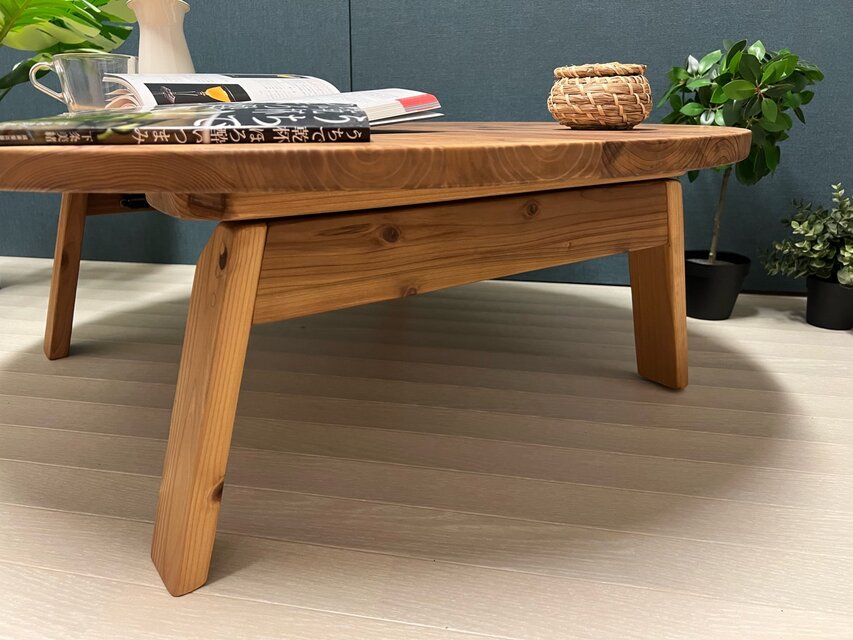 送料無料】 ローテーブル 丸形 90cm 杉 ブラウン 折り畳み 木組脚