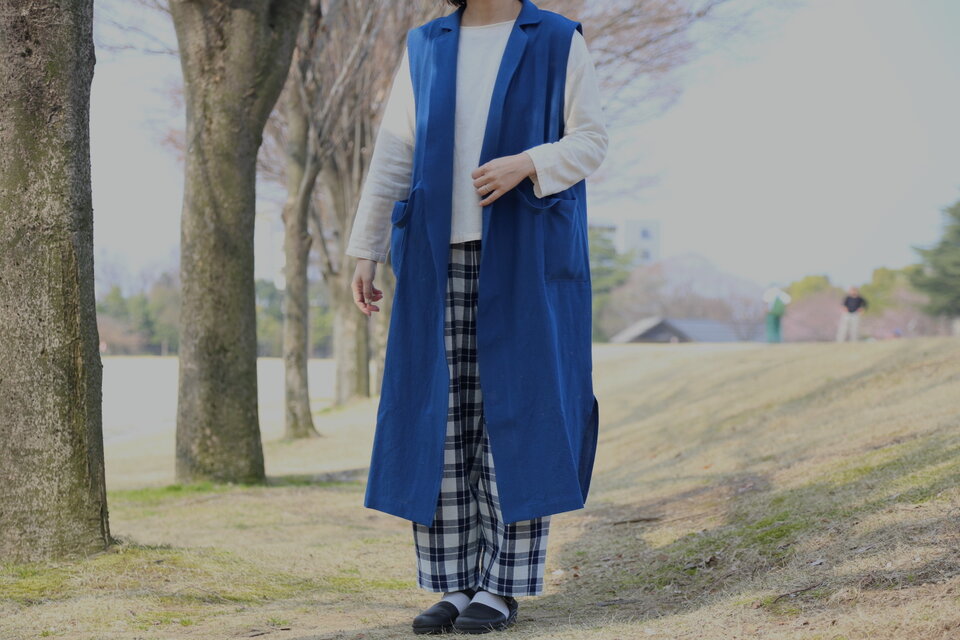 藍染（備後節織・中紺）の襟付きジレワンピース | カシュクール2way