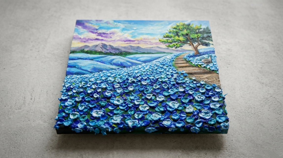 世界に一枚】青の輝きを描く油彩画「幸せを運ぶ青い丘」北欧風