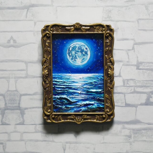 油絵 原画『海を照らす蒼き満月』ミニ絵画 ｜ 月 夜空 風景画