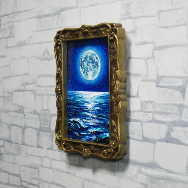 油絵 原画『海を照らす蒼き満月』ミニ絵画 ｜ 月 夜空 風景画