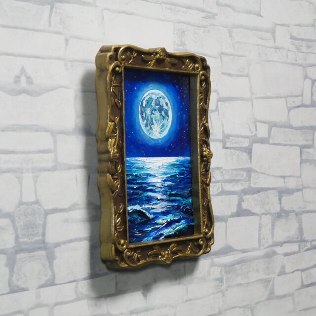 油絵 原画『海を照らす蒼き満月』ミニ絵画 ｜ 月 夜空 風景画