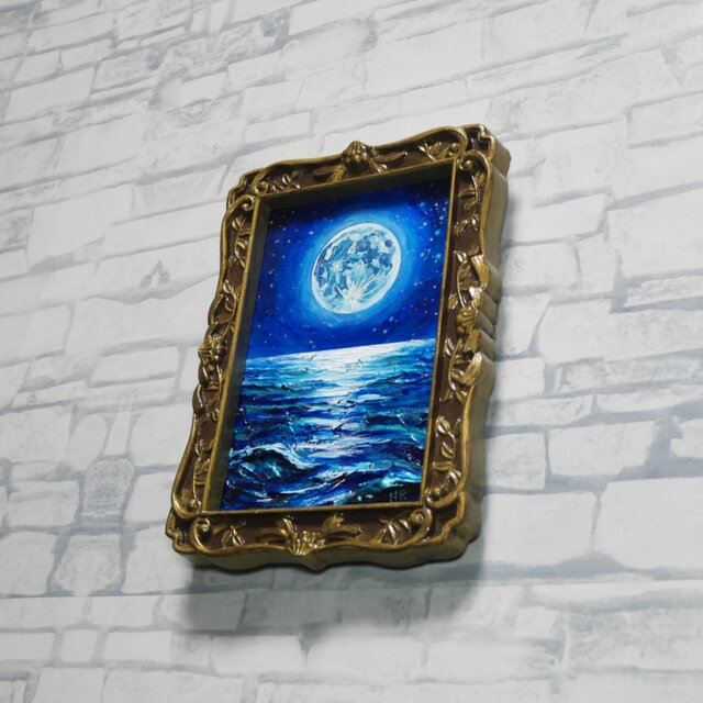 油絵 原画『海を照らす蒼き満月』ミニ絵画 ｜ 月 夜空 風景画