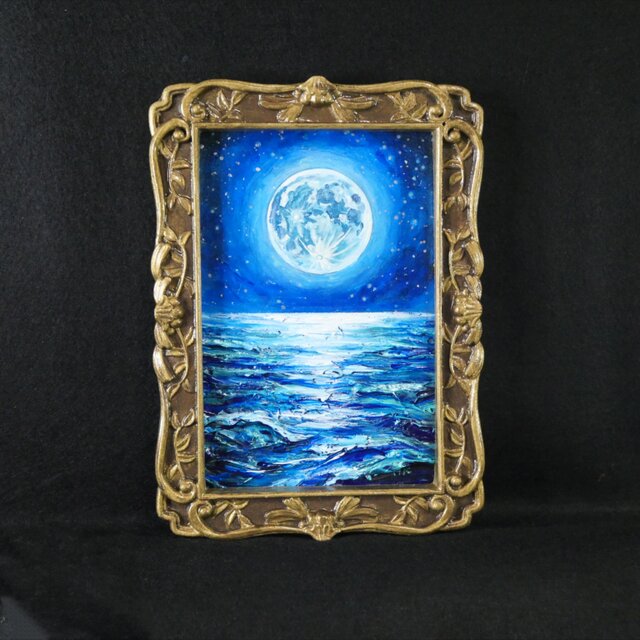 油絵 原画『海を照らす蒼き満月』ミニ絵画 ｜ 月 夜空 風景画