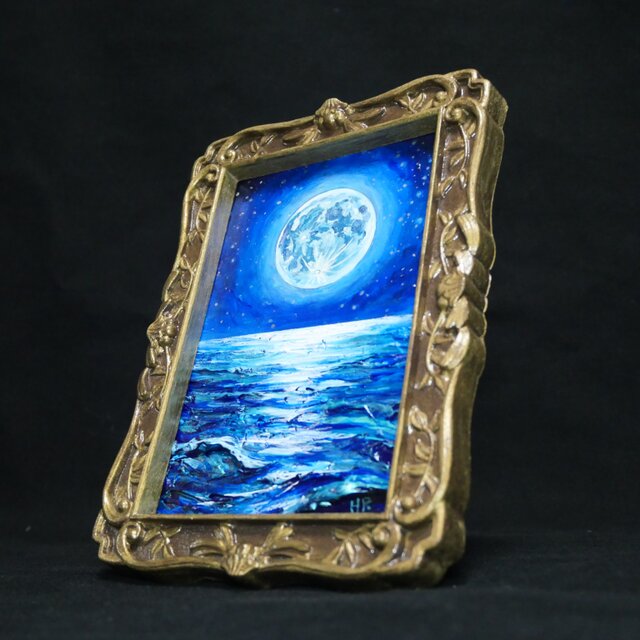油絵 原画『海を照らす蒼き満月』ミニ絵画 ｜ 月 夜空 風景画