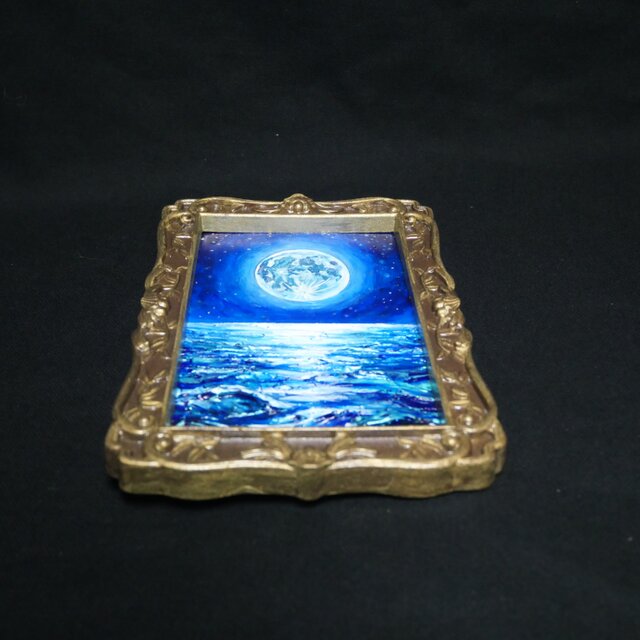 油絵 原画『海を照らす蒼き満月』ミニ絵画 ｜ 月 夜空 風景画