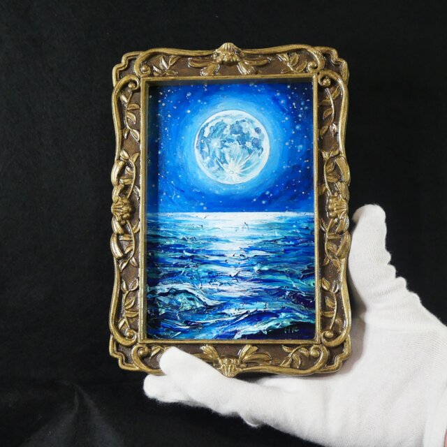 油絵 原画『海を照らす蒼き満月』ミニ絵画 ｜ 月 夜空 風景画