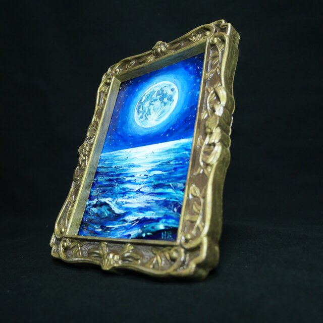 油絵 原画『海を照らす蒼き満月』ミニ絵画 ｜ 月 夜空 風景画