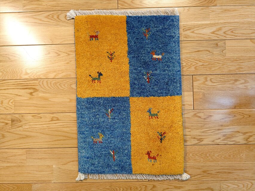 ペルシャ ダバールギャッベ 玄関マット ラグ 59×39cm タイル 黄金色