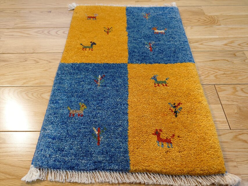 ペルシャ ダバールギャッベ 玄関マット ラグ 59×39cm タイル 黄金色