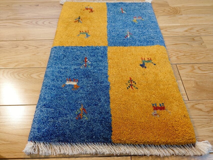 ペルシャ ダバールギャッベ 玄関マット ラグ 59×39cm タイル 黄金色
