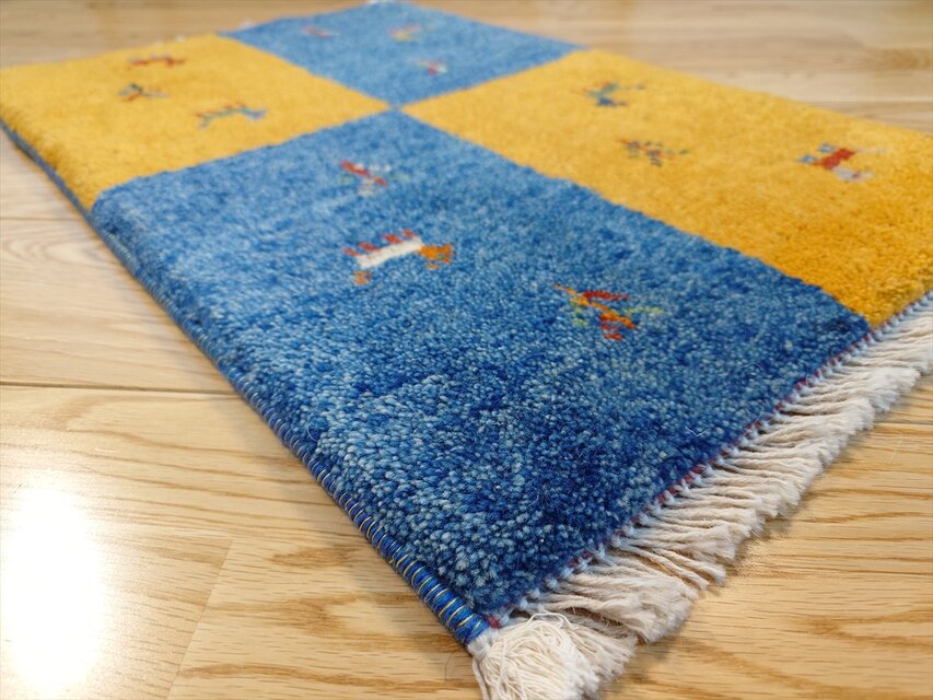 ペルシャ ダバールギャッベ 玄関マット ラグ 59×39cm タイル 黄金色