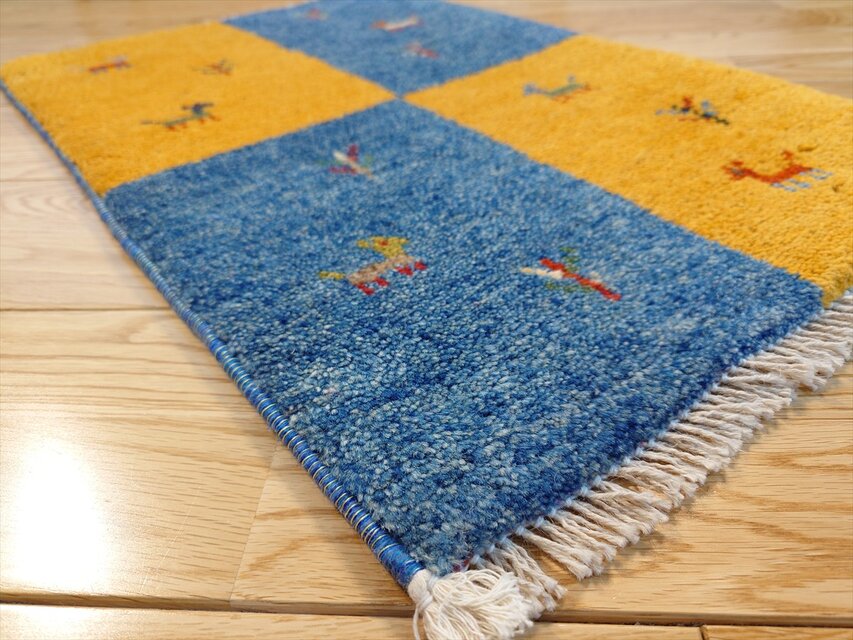 ペルシャ ダバールギャッベ 玄関マット ラグ 59×39cm タイル 黄金色