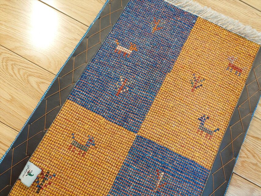 ペルシャ ダバールギャッベ 玄関マット ラグ 59×39cm タイル 黄金色