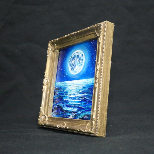 蒼の深淵に眠る光】デスクに飾る小さな油絵 / 青い海の幻想風景 ミニ