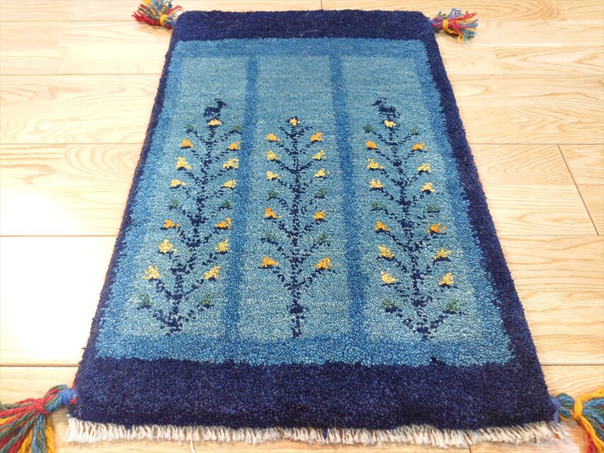ペルシャ ギャッベ 玄関マット小 56.5x37.5cm 青色 紺色 生命の木