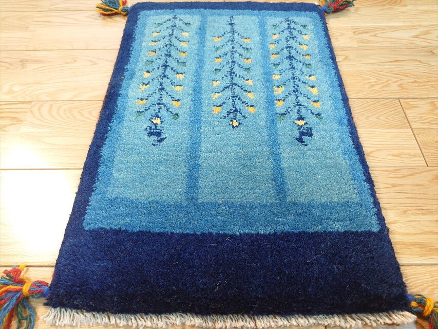 ペルシャ ギャッベ 玄関マット小 56.5x37.5cm 青色 紺色 生命の木