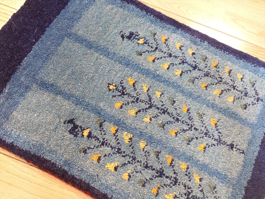 ペルシャ ギャッベ 玄関マット小 56.5x37.5cm 青色 紺色 生命の木