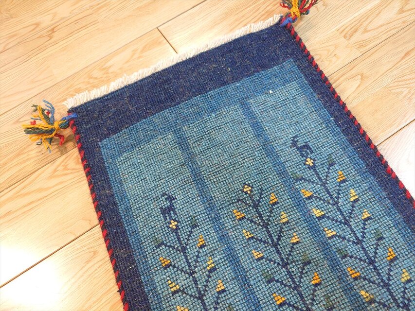 ペルシャ ギャッベ 玄関マット小 56.5x37.5cm 青色 紺色 生命の木