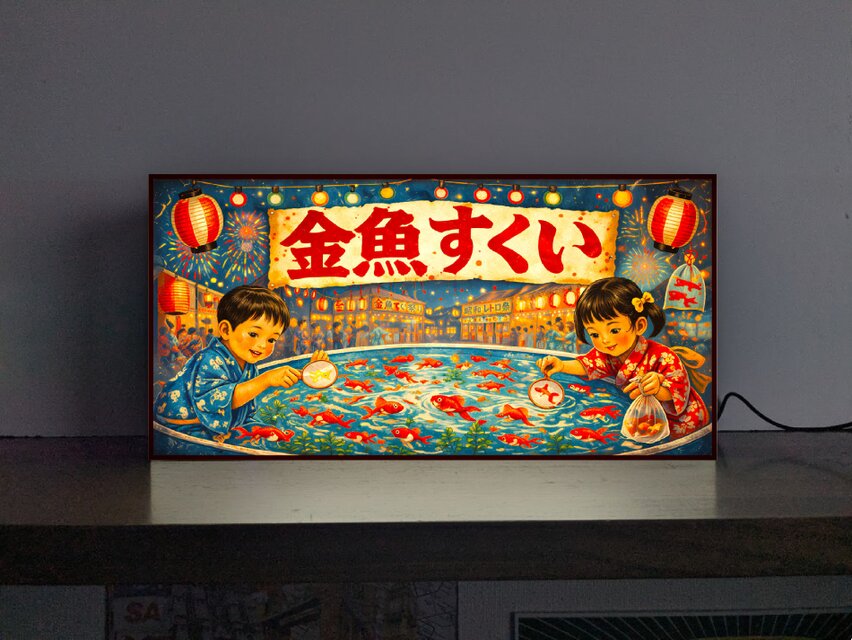 【オーダー無料】金魚すくい お祭り 昭和レトロ 看板 置物 雑貨 ライトBOX オーダー無料】金魚すくい お祭り 縁日 昭和レトロ 出目金 釣り ゲーム