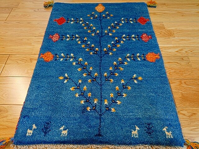 ペルシャ ギャッベ ラグ 85x60cm ザクロの木 ブルー RJ4361 | iichi