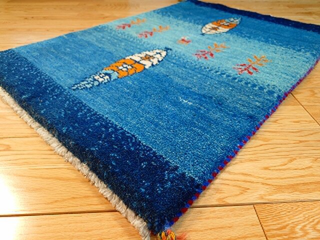 ペルシャ ギャッベ 玄関マット 88x60cm ブルー 糸杉 ヤギ RJ6804
