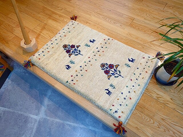 ペルシャ ギャッベ 玄関マット ラグ 92x66cm アイボリー 花 RJ15025