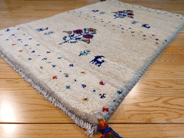 ペルシャ ギャッベ 玄関マット ラグ 92x66cm アイボリー 花 RJ15025