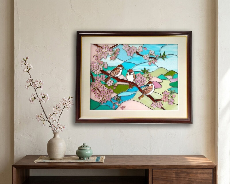 桜咲く雀の里 ステンドグラス風アート | iichi 日々の暮らしを心地よく