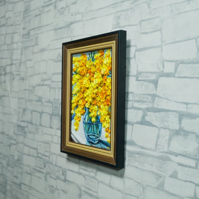 油絵 原画『春を告げるミモザ』ミモザのミニ絵画 インテリア・ギフトに