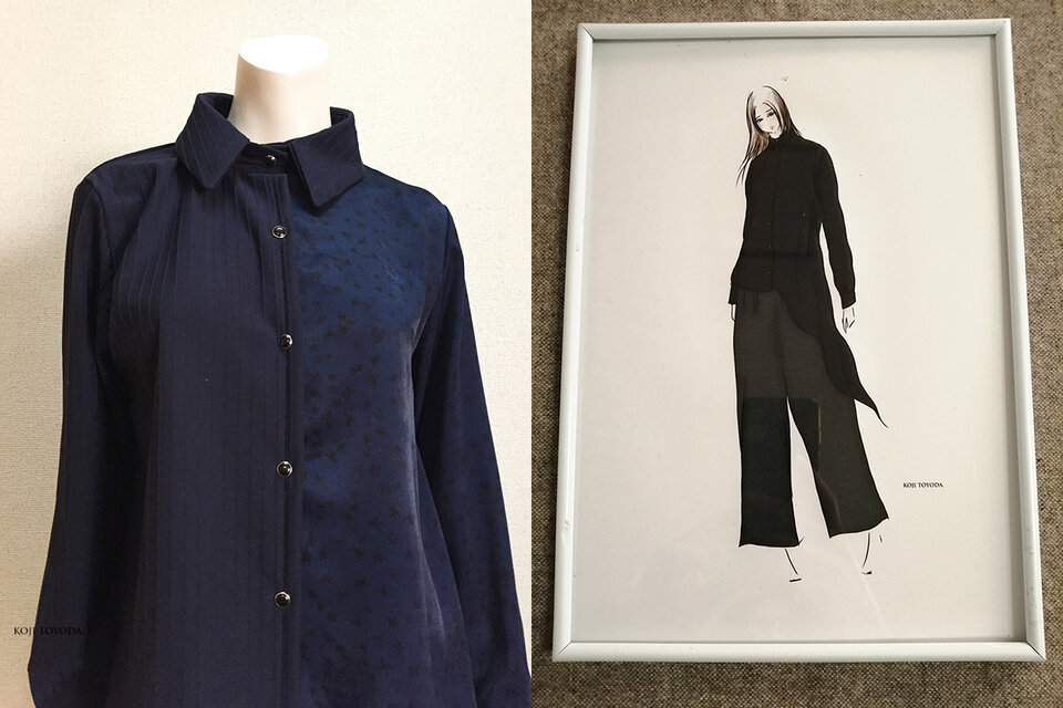 【1点もの・デザイン画付き】ネイビー2種素材アシメトリーブラウス 1点もの・デザイン画付き】ネイビー2種素材アシメトリーブラウス（KOJI
