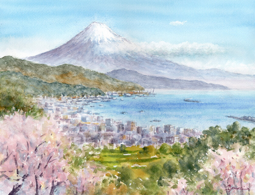 水彩画原画 富士と桜・日本平から ＃727 | iichi 日々の暮らしを