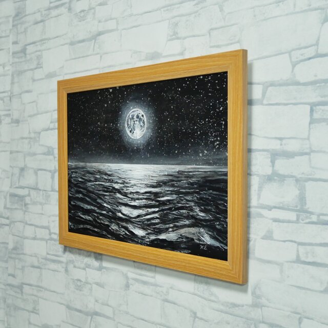 油絵 原画『月光の旋律』月 風景画 癒やし インテリア アート 額装込