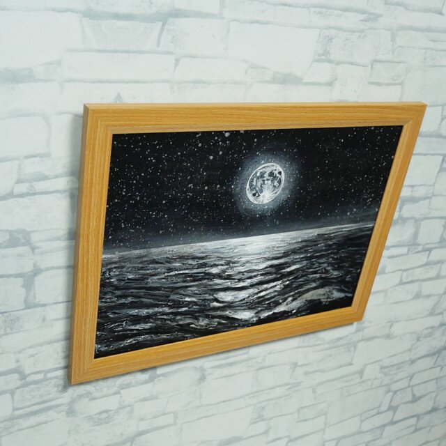油絵 原画『月光の旋律』月 風景画 癒やし インテリア アート 額装込 