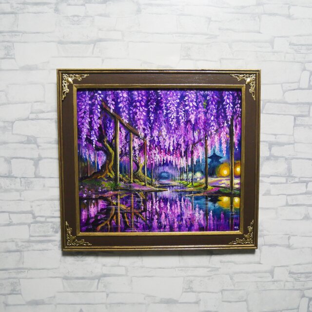 藤の花の油絵【紫光のカーテン】白毫寺 九尺ふじ 原画 一点物