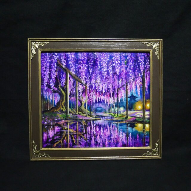 藤の花の油絵【紫光のカーテン】白毫寺 九尺ふじ 原画 一点物