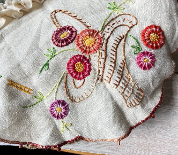 花かご刺繍かごバッグ*Franceantique*vintage*お出かけバッグ*手刺繍