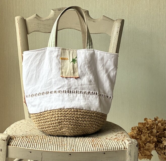 花かご刺繍かごバッグ*Franceantique*vintage*お出かけバッグ*手刺繍